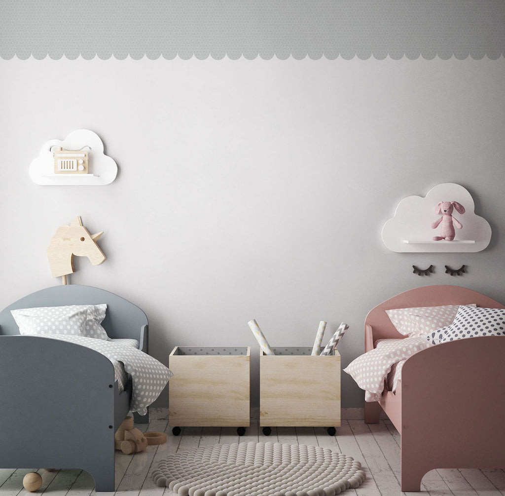 Children’s room with Scallops Trimmings Wallpaper in BlueBlush, featuring two playful beds, cloud-shaped shelves with toys, and a soft rug.