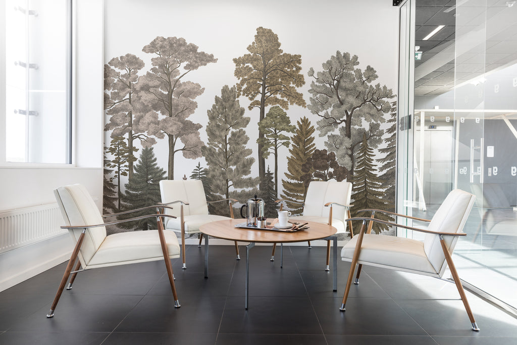 Scandinavian Forest, Mural Wallpaper in Crimson in a room with modern round table and chairs in a meeting room