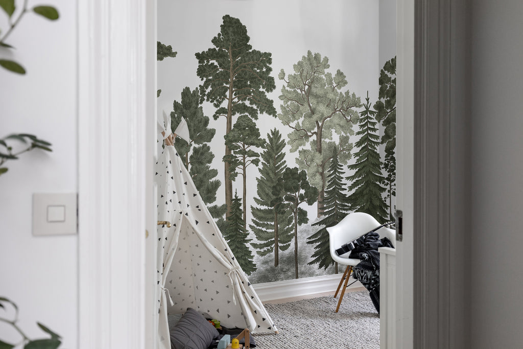 Scandinavian Forest, Mural Wallpaper in forest green as seen in kid’s bedroom in a playtent