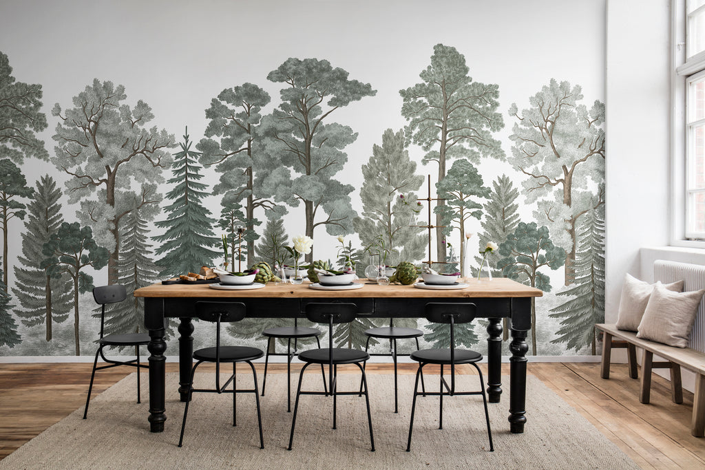 Scandinavian Forest, Mural Wallpaper in Green with rectangular dining table in Dining Room