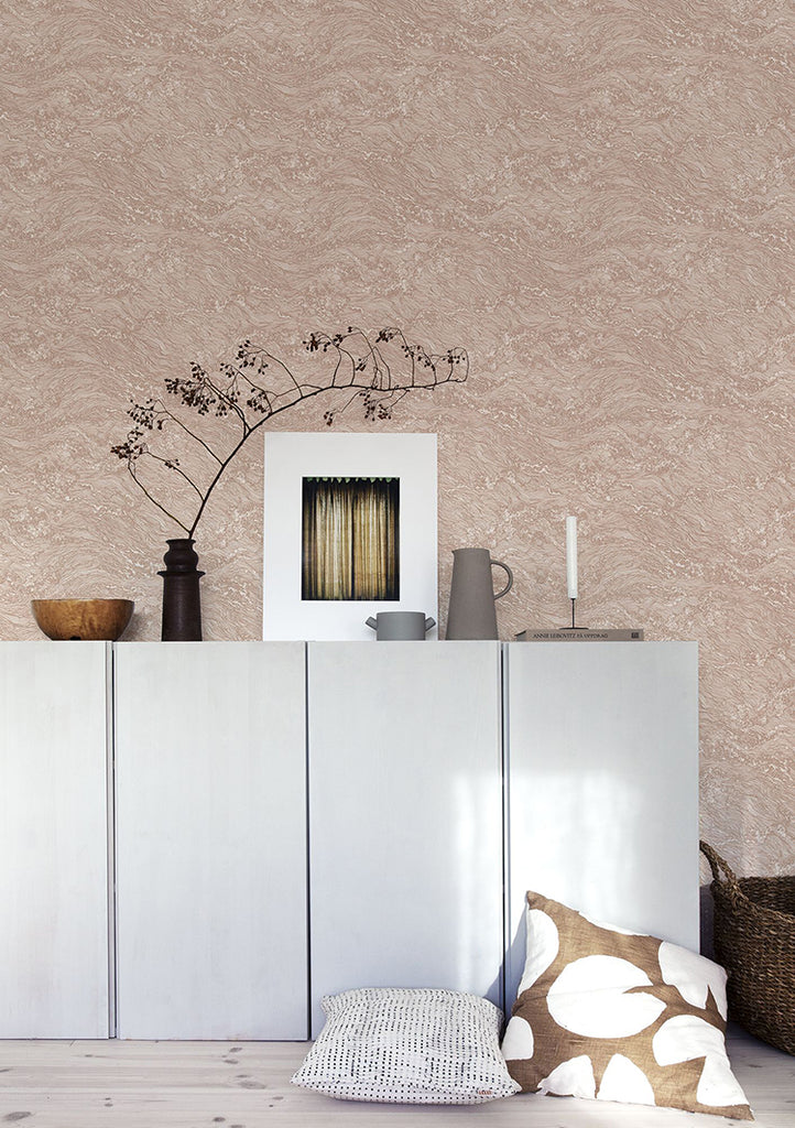 Sea Foam, Pattern Wallpaper in Blush Pink, with a white sideboard and home decor
