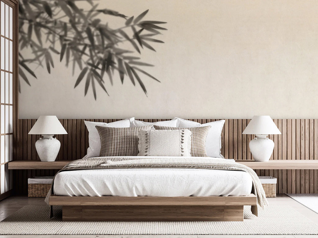 Serene bedroom with Shoji, Japanese Mural Wallpaper, depicting bamboo. Room features a low wooden bed with white and beige linens, two side tables with lamps.