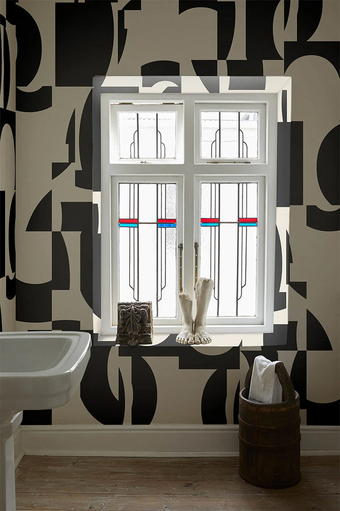 Slow Assembly, Geometric Pattern Wallpaper in Black featured on the wall with a window in a toilet