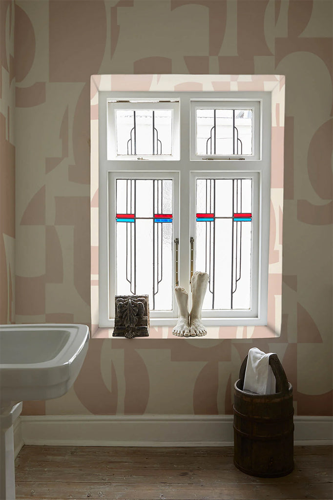 Slow Assembly, Geometric Pattern Wallpaper in Nude featured on the wall with a window in a toilet