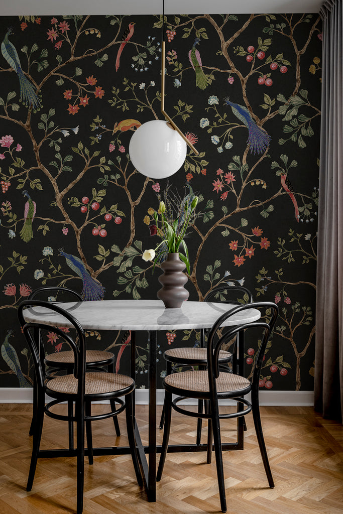 Song Birds, Animal Pattern Wallpaper in black featured on the wall of room with a round table and chairs