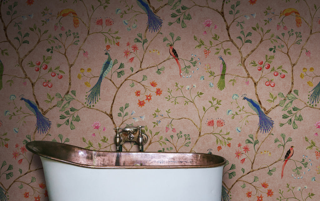 Song Birds, Animal Pattern Wallpaper in pink featured on the wall of a bathroom. 