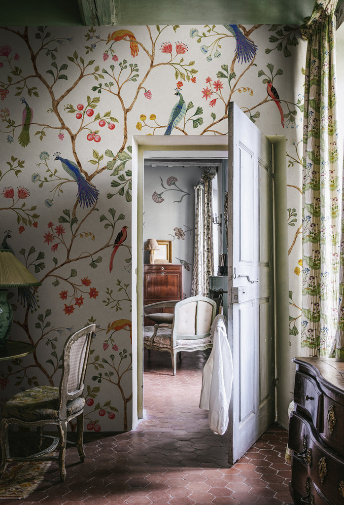 Song Birds, Animal Pattern Wallpaper in white featured on the wall of a hallway