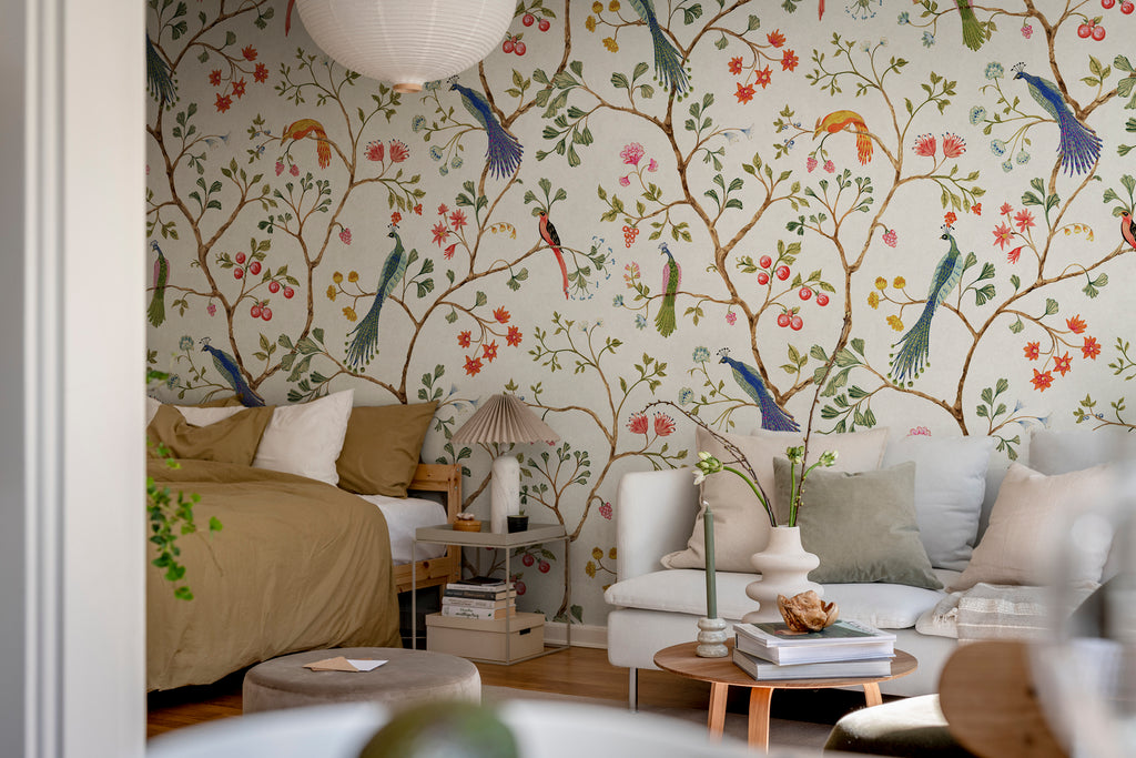 Song Birds, Animal Pattern Wallpaper in white featured on a cozy living area with sofa
