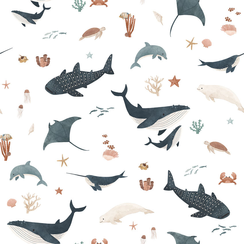 Splendid Sea, Pattern Wallpaper in White close up