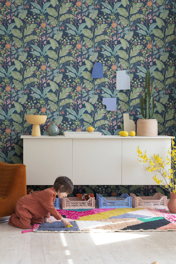 Closed up, Strawberry Lane, Pattern Wallpaper in Dark Blue as seen in child’s playroom