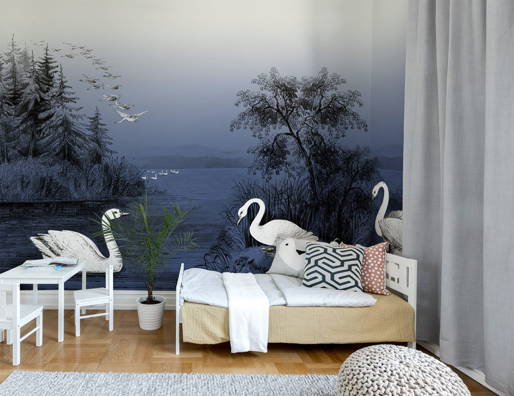 Swan Lake, Nature Mural Wallpaper in dark blue featured on wall of a kid's bedroom with a small bed and small white study table and chair