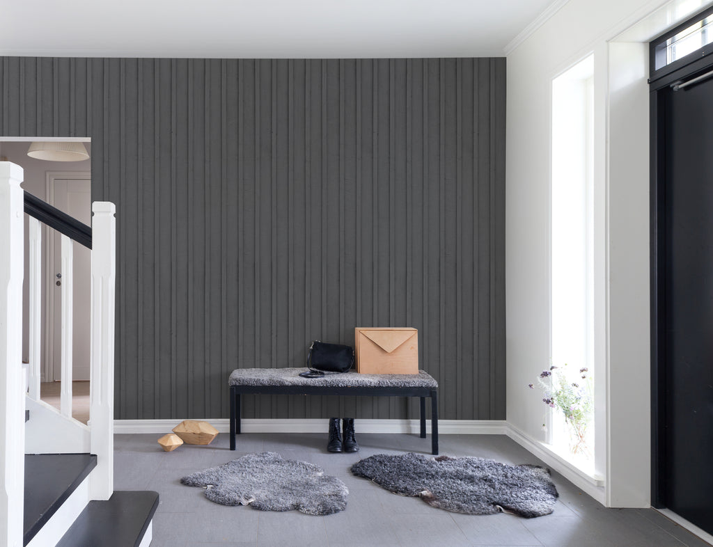 Swiss Cottage, Striped Wallpaper in Dark Grey, featured on a wall of a Foyer with furry floor mats