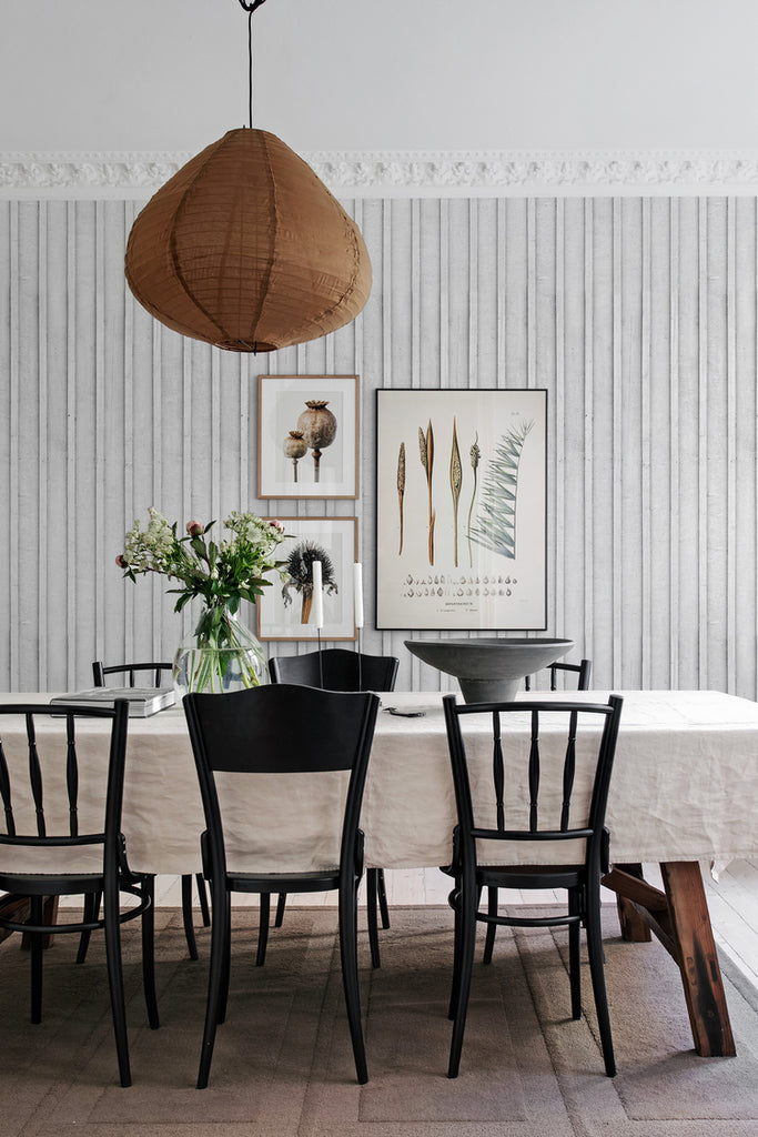 Swiss Cottage, Striped Wallpaper in light grey featured in a wall of a dining area with plant on top of the table