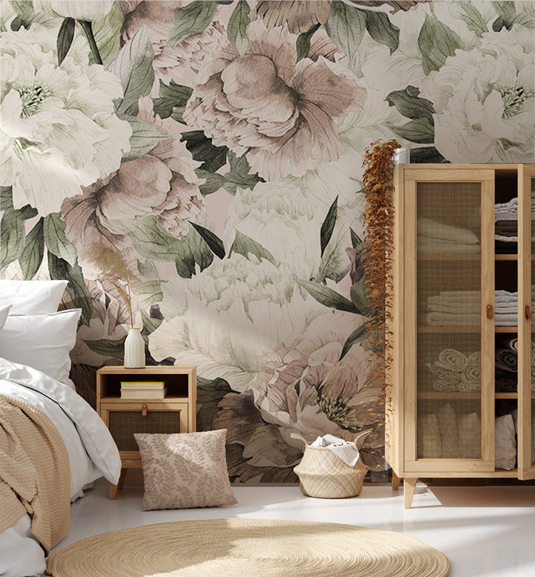 A warmly lit bedroom with a wooden bedside table, a round jute rug, and a glass-fronted wardrobe. The room’s vintage charm is enhanced by the Tilda Vintage Roses, Mural Wallpaper