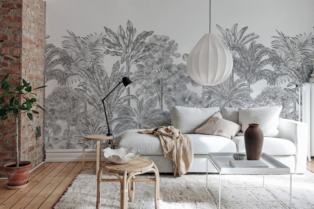Tropical Bellewood, Mural Wallpaper in black and white featured in a cozy living area with white sofa and pillows