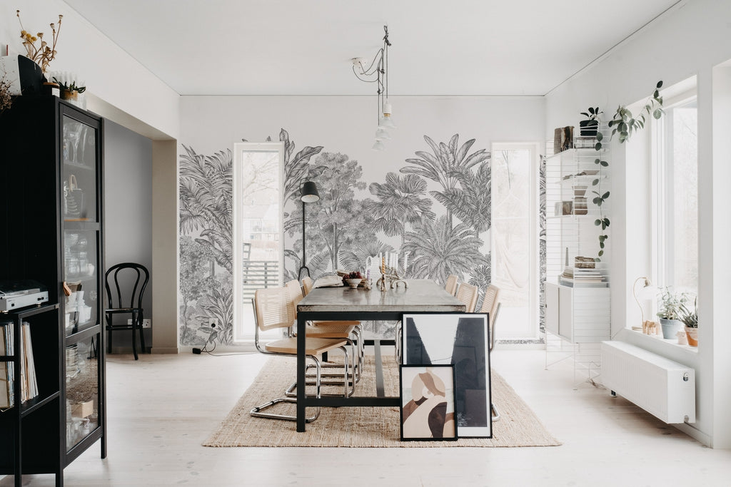 Tropical Bellewood, Mural Wallpaper in black and white featured in a conference room with modern furniture that matches the aesthetics