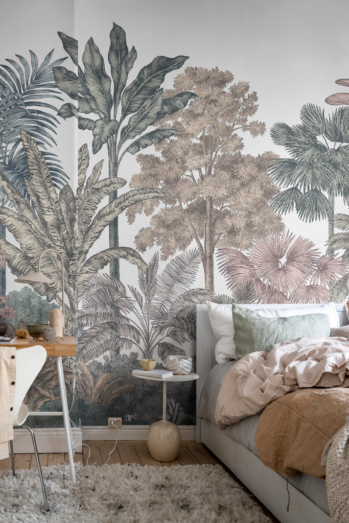Tropical Bellewood, Mural Wallpaper in multicolor featured in a wall of a bedroom with soft fabric and brown sheets