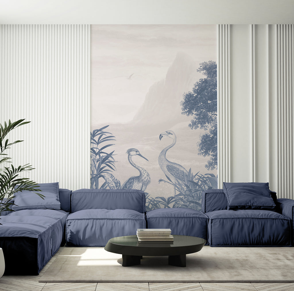 Verdant Oasis, Animals Mural Wallpaper in blue colourway featured on the wall of a cozy living area