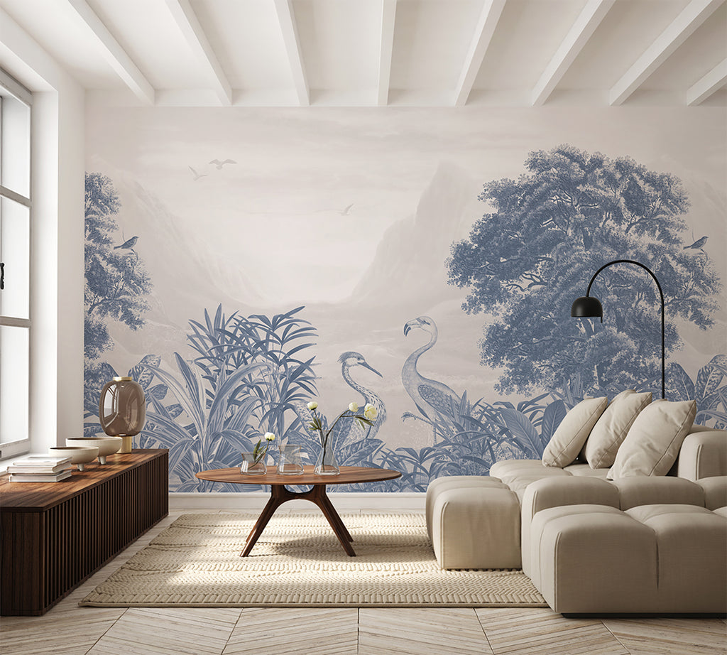 Verdant Oasis, Animals Mural Wallpaper in blue colourway featured on the wall of a cozy living area