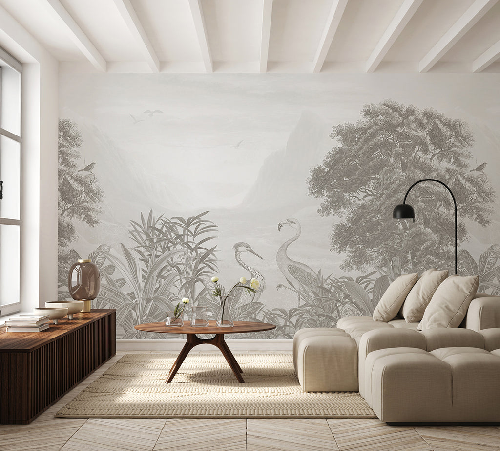 Verdant Oasis, Animals Mural Wallpaper in silverton colourway featured on the wall of a cozy living area