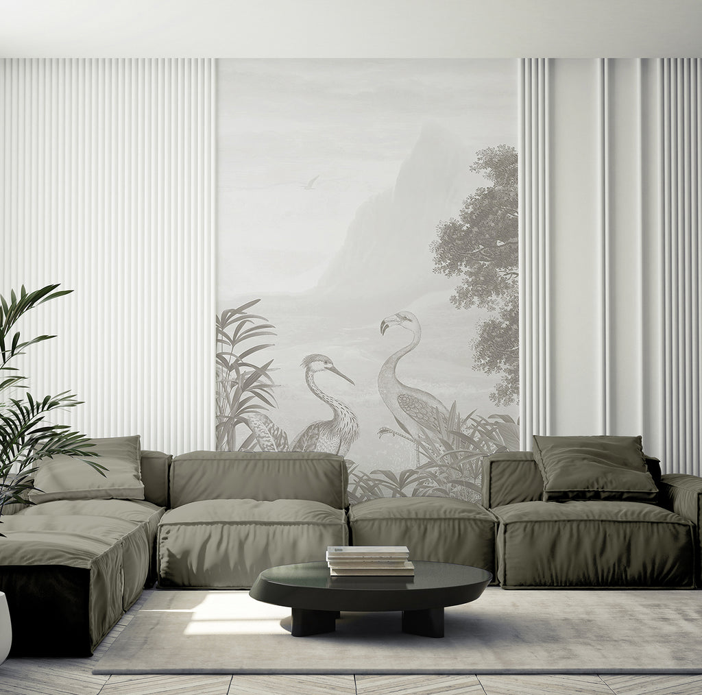 Verdant Oasis, Animals Mural Wallpaper in silverton colourway featured on the wall of a cozy living area