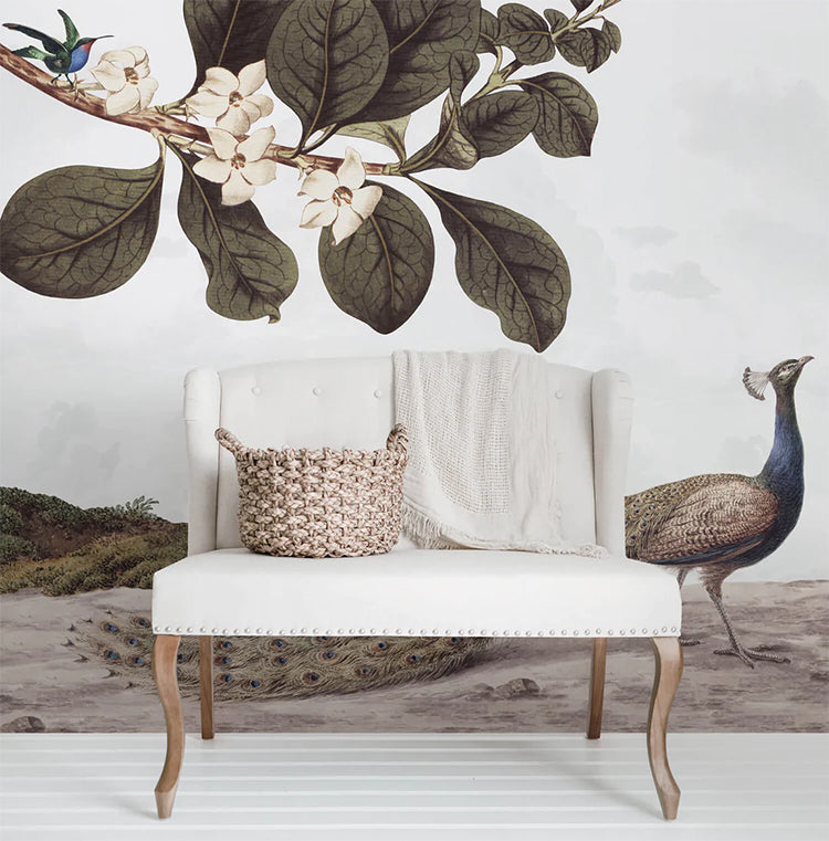 Elegant room with a white sofa and woven basket. Behind the sofa is a Vintage Bird, Mural Wallpaper depicting a colorful peacock amidst lush greenery and blooming flowers.