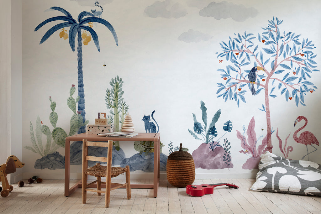 Wilton and Friends, Wallpaper in Multicolor Featured on a wall of a kid’s study room with a wooden study table, and toys scattered around