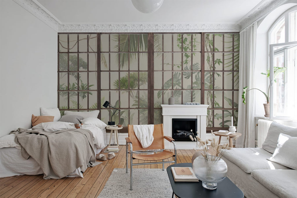 Window View, Beige Wallpaper featured on a wall of a bedroom adjacent to a window giving the room a cozy look