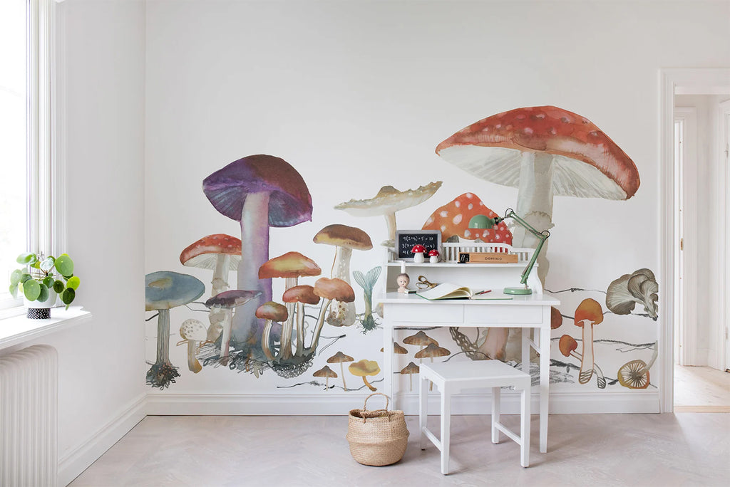 Wonder of Woods, Mushroom Mural Wallpaper featured on a wall of a child’s study room with white wooden stool and study table