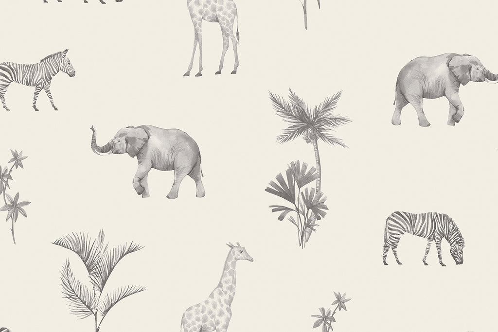 Woodland Animals, Pattern Wallpaper in Black White closeup of graphic element