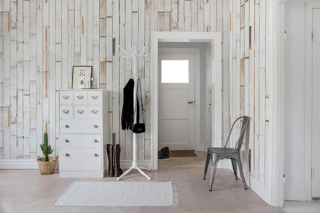 Bali Boards, Striped Wallpaper featured on a wall of a room with grey monoblock, white coat stand, white cabinet, and white floor mat.