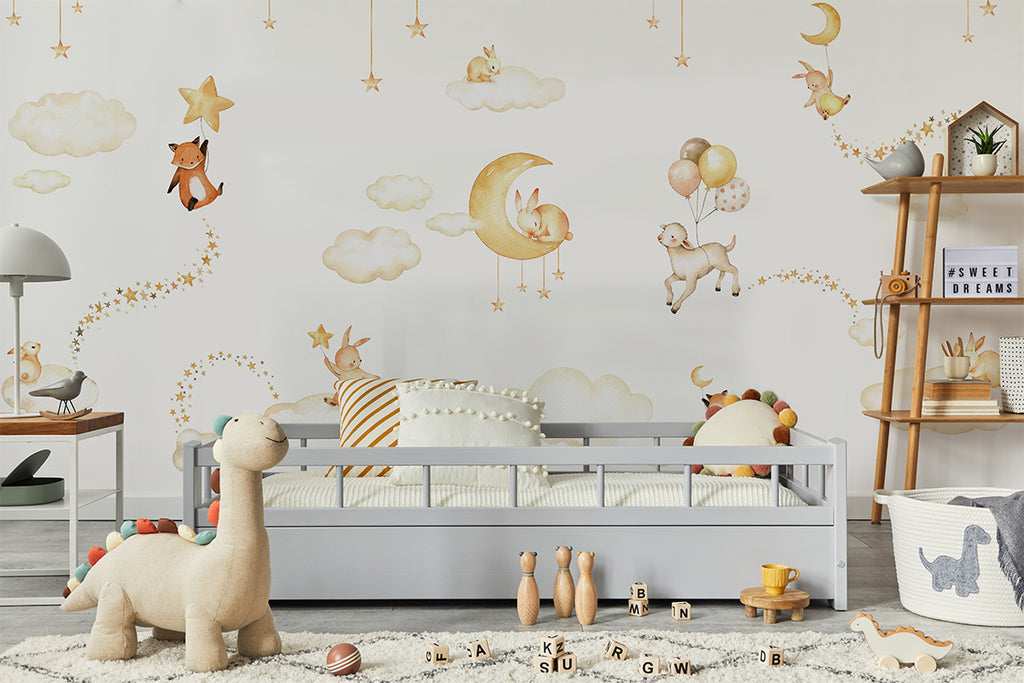 Twilight Safari, Animal Mural Wallpaper in white, featured in a child's playroom, surrounded by soft plushes, and toys. 