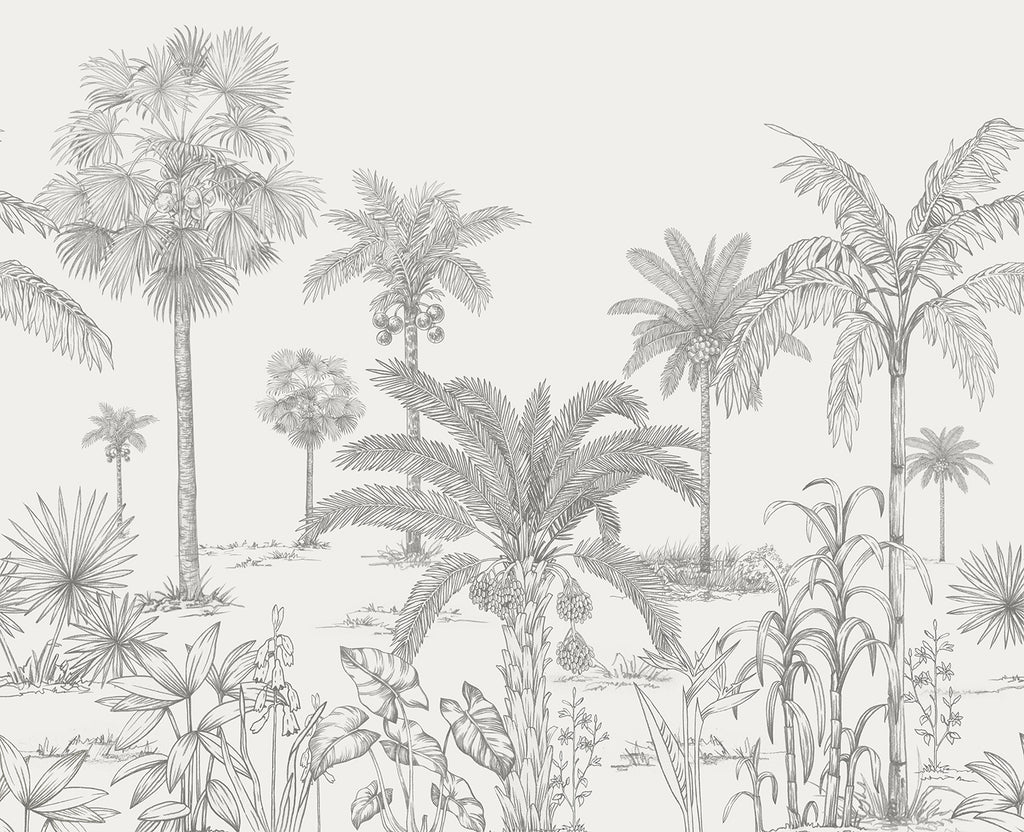 Vintage Palmscape, Tropical Mural Wallpaper in Grey close up