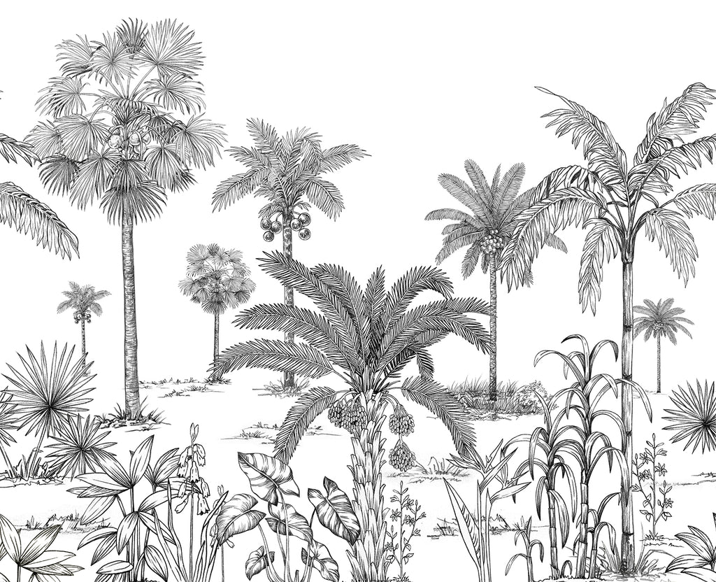 Vintage Palmscape, Tropical Mural Wallpaper in Black White close up