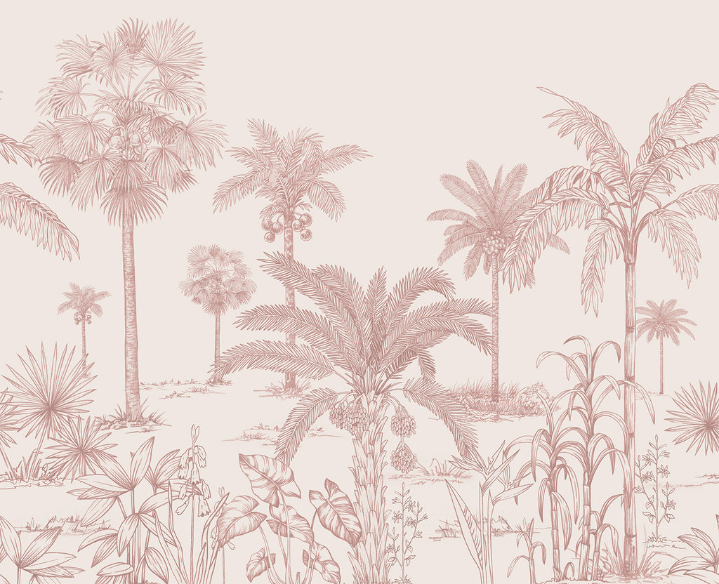 Vintage Palmscape, Tropical Mural Wallpaper in Rose close up