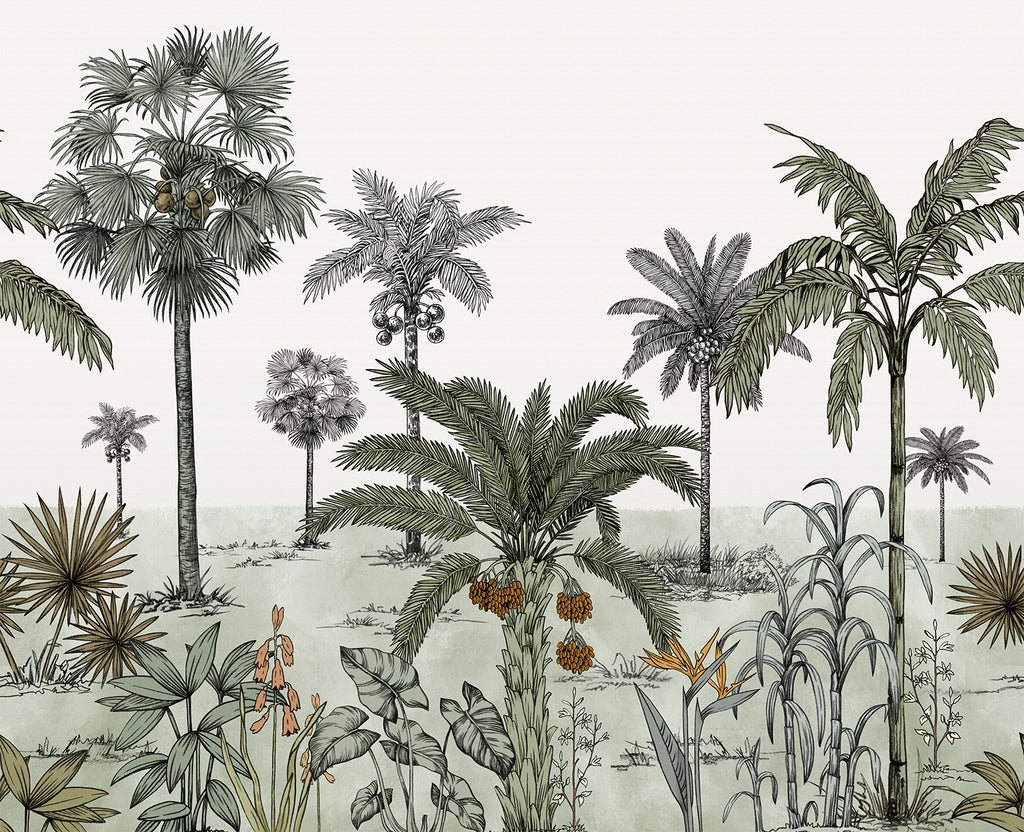 Vintage Palmscape, Tropical Mural Wallpaper in Green close up