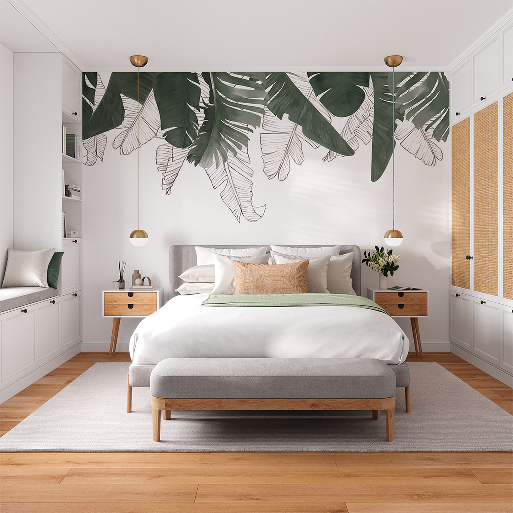 Banana Garden, Tropical Mural Wallpaper in a bedroom, with light coloured wood and neutral coloured furnishings