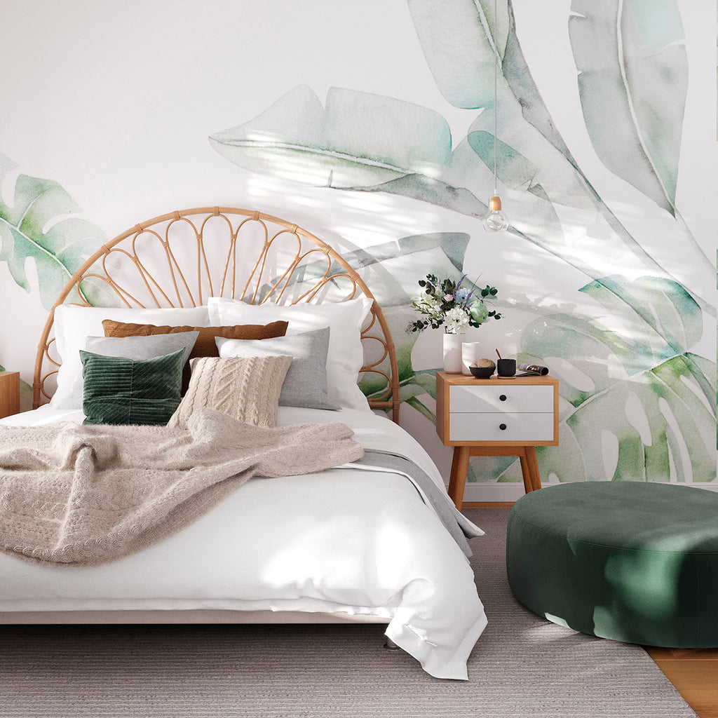 Garden Bloom, Mural Wallpaper in bedroom with rattan headboard and green, grey and terracotta bedsheets