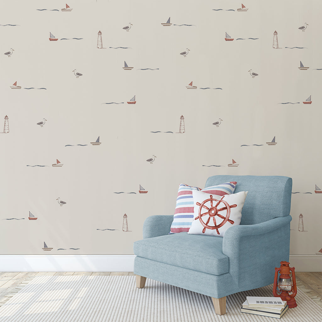 Mini Seafarer Wallpaper in a room with a fabric one person sofa