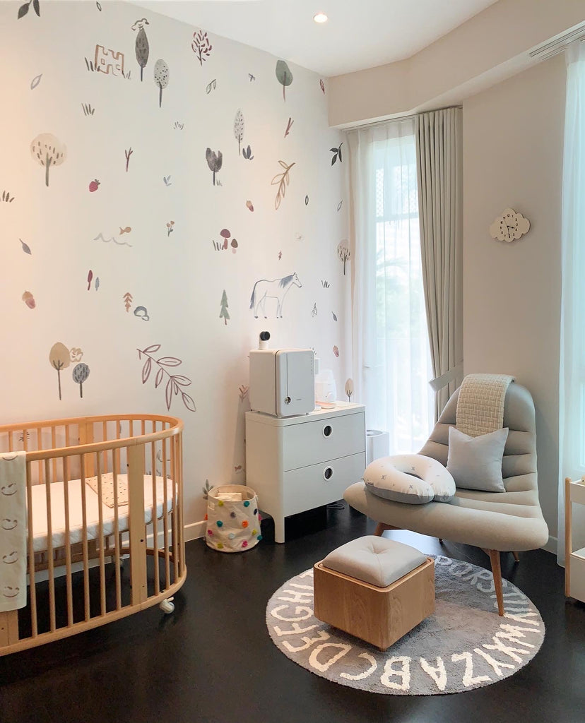 Magical Farmland, Pattern Wallpaper featured on a wall of a nursery room. 