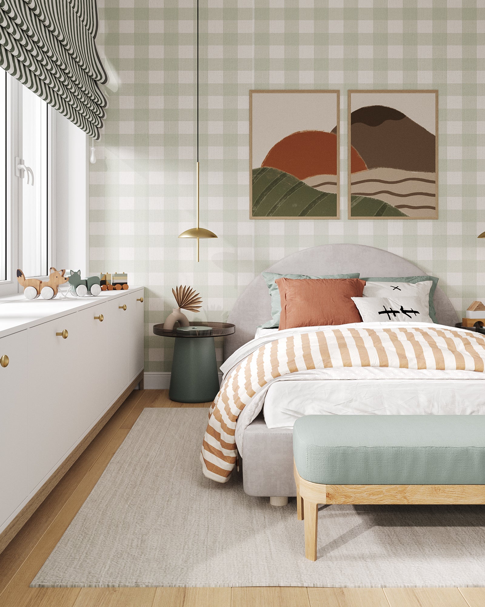 Gingham, Pattern Wallpaper in Green in Bedroom