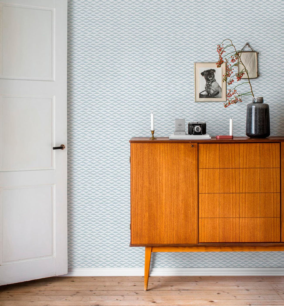 Hagalund, Pattern Wallpaper in hallway with wooden cabinet and framed art