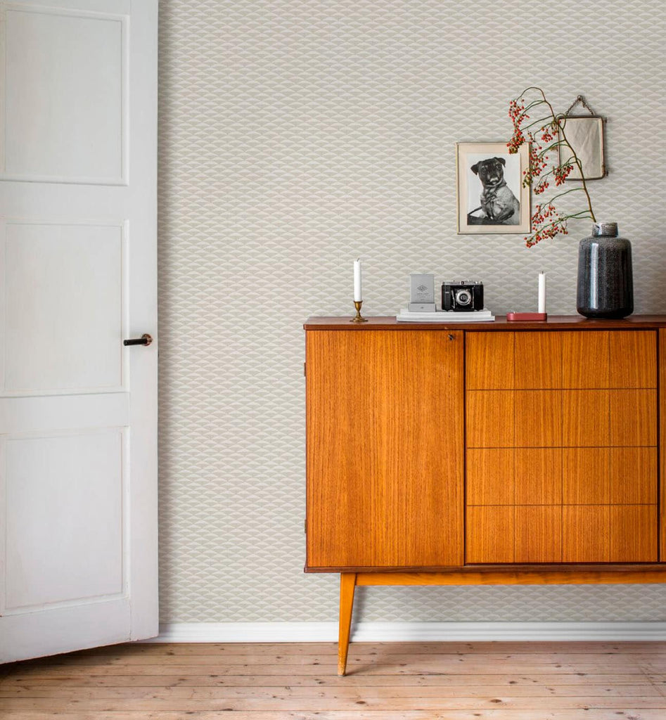 Hagalund, Pattern Wallpaper in hallway with wooden cabinet and framed art