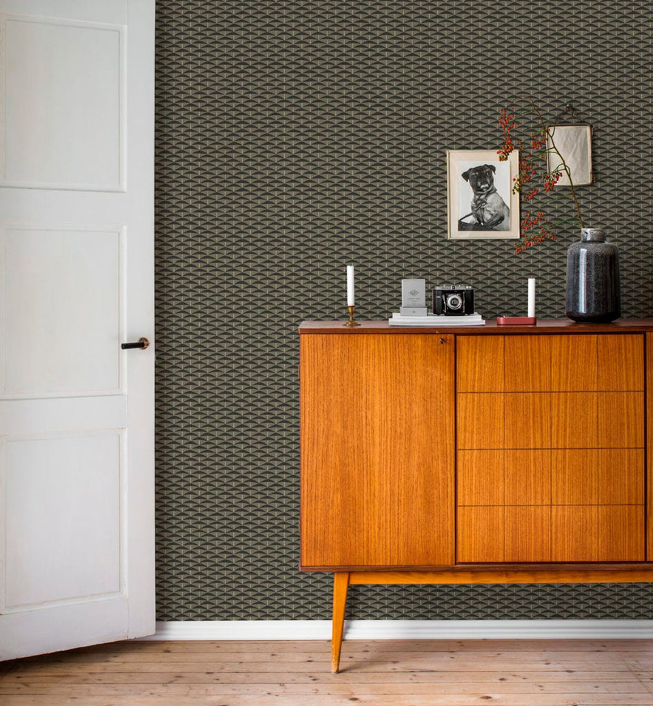 Hagalund, Pattern Wallpaper in hallway with wooden cabinet and framed art
