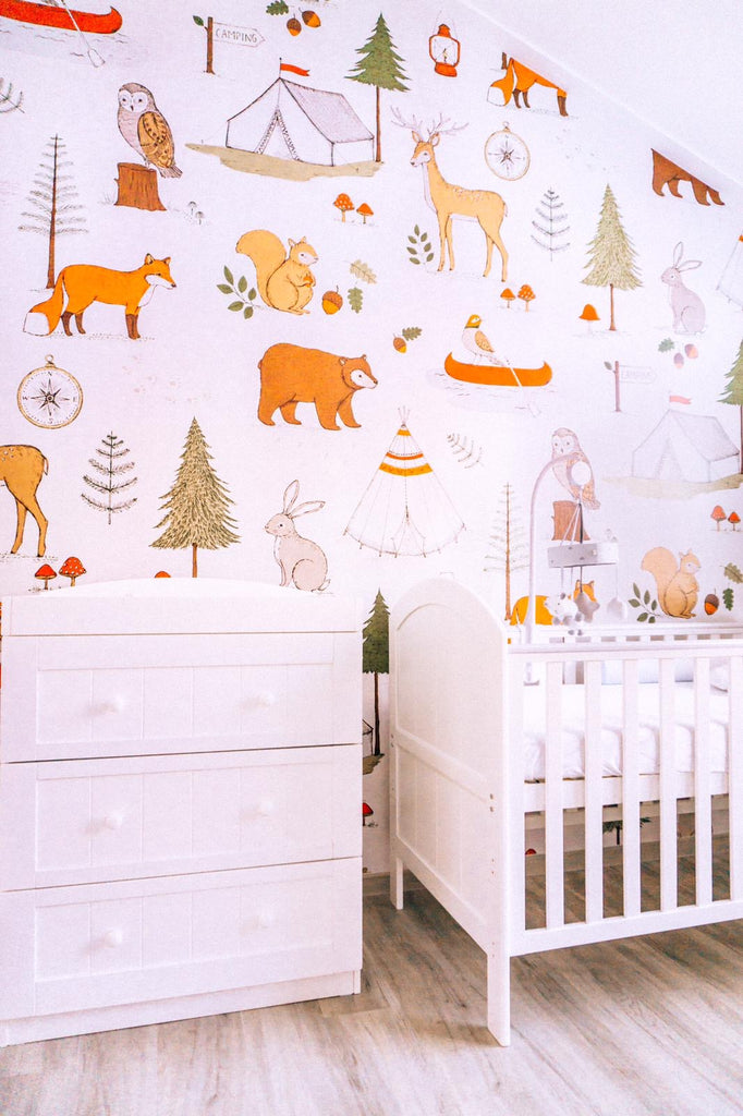 Camping Trip Wallpaper which features stylish tents, jungle friends and floral prints in nursery