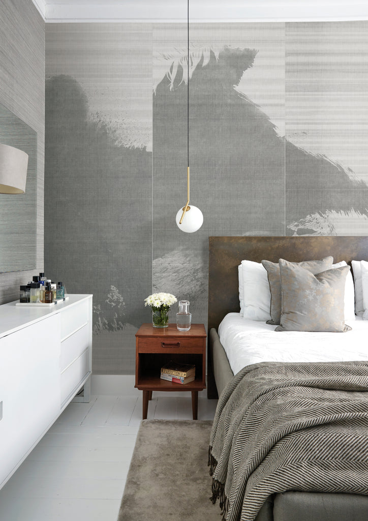 Seraphine, Grey Watercolour Wallpaper featured in bedroom with comfortable pillows and sheets that matches its aesthestics. 