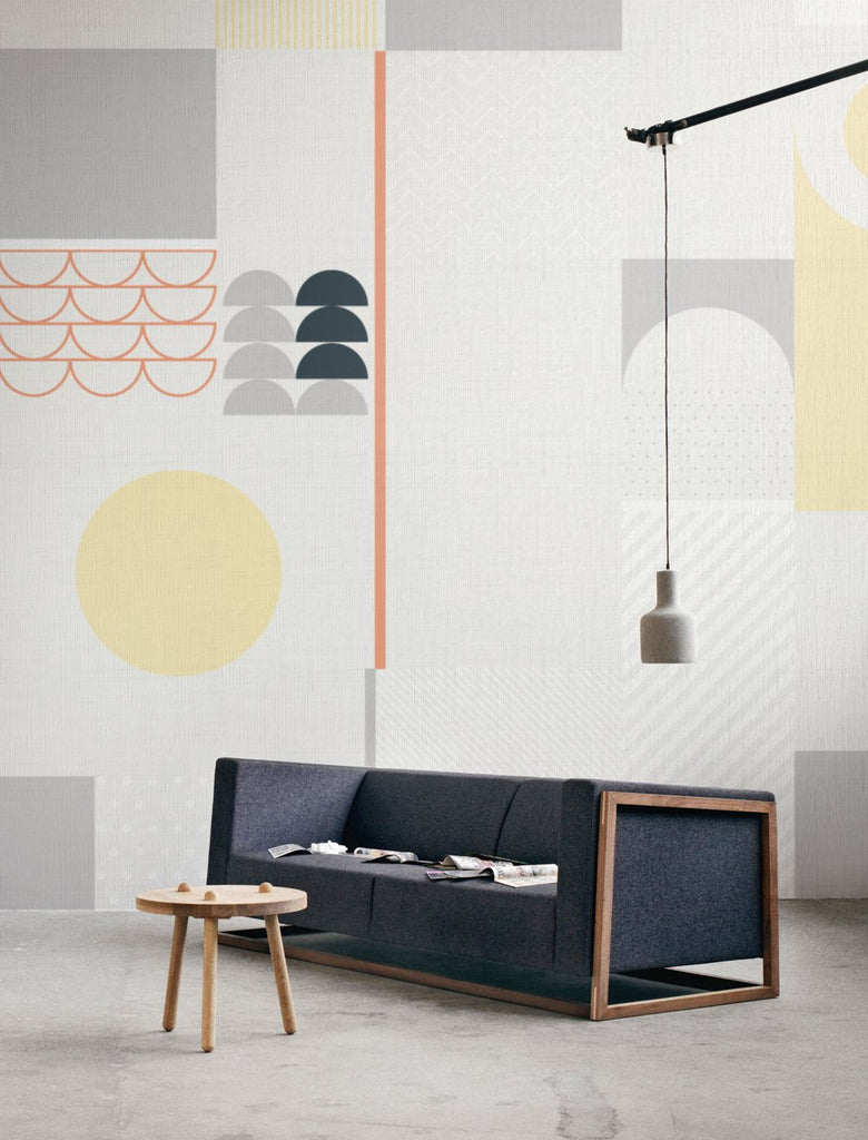 Giselle, Geometric Pattern Wallpaper in a living room setting with wooden chair and table with pendant lights