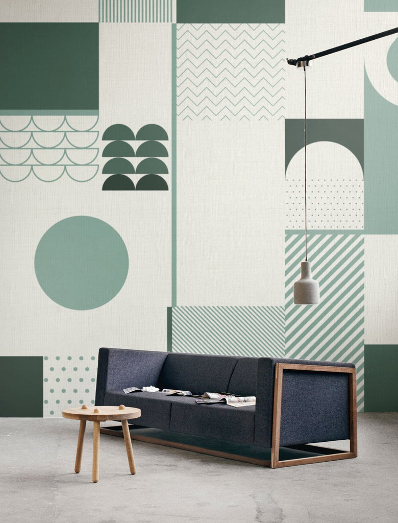 Giselle, Geometric Pattern Wallpaper in a living room setting with wooden chair and table with pendant lights