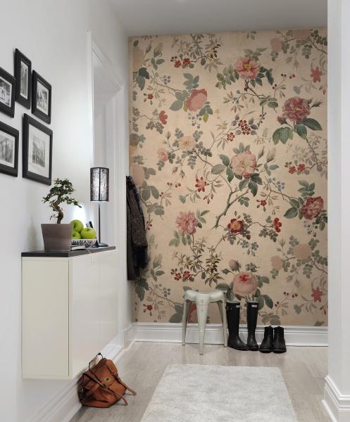 Rose Garden, Floral Pattern Wallpaper in Nude in entryway