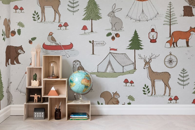 Camping Trip Wallpaper which features stylish tents, jungle friends and floral prints in nursery